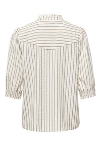Chemise blanche à manches longues avec des rayures verticales et horizontales beiges, poignets élastiques et un détail yoke dans le haut du dos.