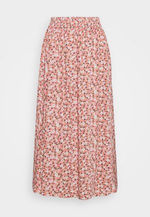 Jupe midi rose avec un petit imprimé floral blanc, rose et marron, taille élastiquée et plis froncés.