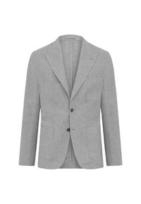 Lysegrå skræddersyet blazer med notch-lapel, to-knaps lukning og to sidelommer. Fremstillet af textureret stof for et raffineret udseende.