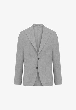 Light gray tailored blazer with a notched lapel, two-button front, and two side pockets. Made of textured fabric for a refined look.