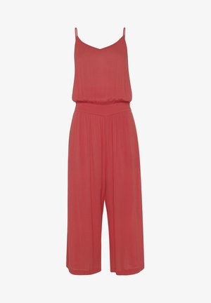 Combinaison sans manches rouge avec un décolleté en V, taille élastique, jambes larges et tissu doux et fluide. Design simple et polyvalent pour diverses occasions.