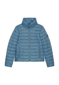 Helle blaue, voluminöse Jacke mit hohem Kragen, horizontalen Nähten, Frontreißverschluss und zwei Seitentaschen. Glattes, synthetisches Material.