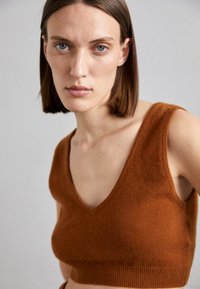 Rustfarget strikket crop top med dyp V-hals og teksturert stoff; ribbestrikket kant og ermeløs design.