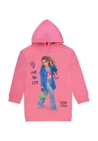 Rosa Kapuzenpullover mit einem Grafikdesign eines Mädchens in einem blauen Mantel und Schlaghosen. Der Text lautet "LIEBE DIE STADT." Das "TOP Model"-Logo ist enthalten.