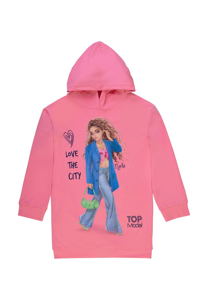 Rosa Kapuzenpullover mit einem Grafikdesign eines Mädchens in einem blauen Mantel und Schlaghosen. Der Text lautet "LIEBE DIE STADT." Das "TOP Model"-Logo ist enthalten.