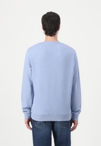 Sudadera de color azul claro hecha de un tejido suave, con mangas largas y puños acanalados. Diseñada con un cuello redondo clásico y un corte holgado.