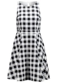Robe sans manches à carreaux noirs et blancs avec une taille cintrée et une jupe évasée, dotée d'un col rond et d'une fermeture éclair au dos.