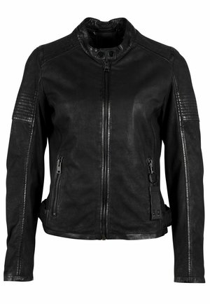 Schwarze Lederjacke mit hohem Kragen, Reißverschluss vorne und seitlichen Taschen. Verfügt über strukturierte Akzente an Schultern und Ärmeln.