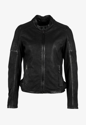 Schwarze Lederjacke mit hohem Kragen, Reißverschluss vorne und seitlichen Taschen. Verfügt über strukturierte Akzente an Schultern und Ärmeln.