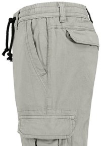 Hellgraue Cargo-Hose mit elastischem Bund, verstellbarem Kordelzug, Seitentasche und Klapptasche. Weicher Stoff mit lässiger Passform.