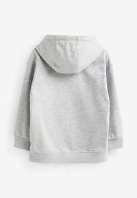 Grauer Kapuzenpullover aus einem weichen Baumwollmix, mit einer Kängurutasche, gerippten Bündchen und einem lässigen Schnitt.