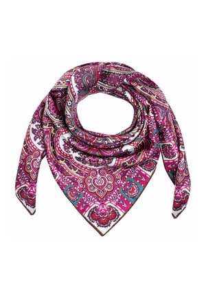 Square silk scarf with vibrant pink, white, and teal paisley and floral patterns folded in a triangular shape.
