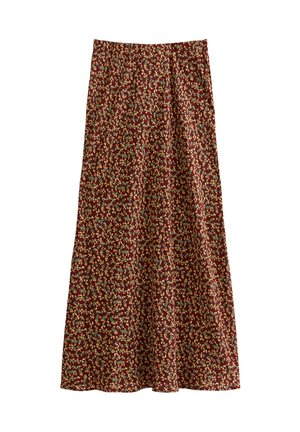 Jupe maxi en bordeaux foncé avec un motif floral. Fabriquée en tissu doux, elle possède une taille élastique et une silhouette fluide.