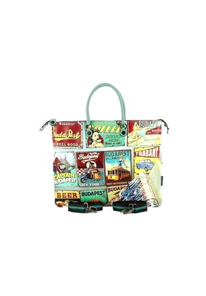 Borsa tote multi-tasche con stampe vivaci a tema Budapest, manici verde menta e spallacci regolabili. Realizzata in materiale resistente con una texture liscia.