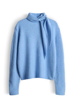 Lichtblauwe, gestructureerde gebreide trui met een opstaande kraag en een knoopdetail aan de kraag. Heeft lange mouwen en een losse pasvorm.