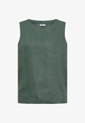 Haut vert en lin sans manches avec col rond et ourlet droit, étiqueté "CECIL" à l'intérieur du col dos.