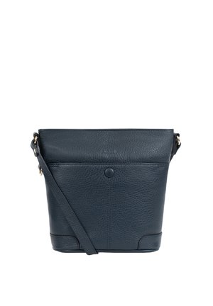 Sac bandoulière en cuir noir texturé avec poche avant à bouton et sangle réglable, forme rectangulaire avec coins inférieurs arrondis.
