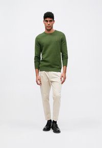 Πράσινος υφασμάτινος πουλόβερ με ριγέ σχέδιο, στρογγυλή λαιμόκοψη και μικρό λογότυπο, συνδυασμένος με ανοιχτόχρωμο παντελόνι και μαύρα παπούτσια.