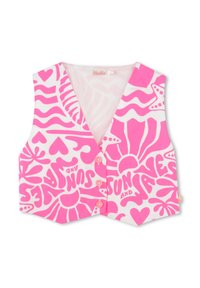 Gilet rose à motifs, avec un décolleté en V, une fermeture à boutons, et de grands dessins de coeurs, de vagues et de motifs de soleil sur un fond blanc.