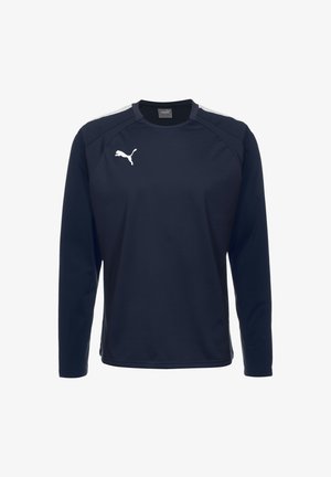 Tumesinine pika varrukaga spordipaita, mis on valmistatud siledast kangast, valge Puma logo ja hallide õlavarre aktsentidega. Klassikaline ümar kaelus.