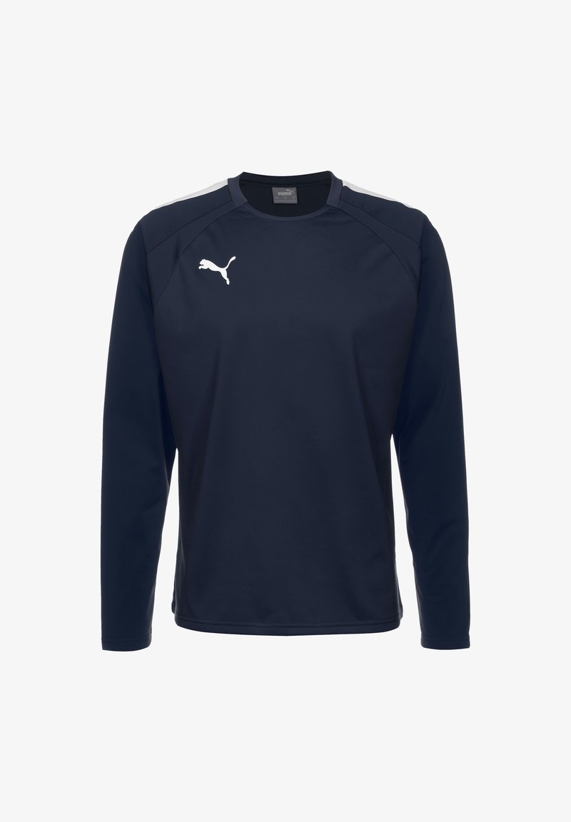 Mornarska športna majica z dolgimi rokavi, narejena iz gladkega blaga, z belim logotipom Puma in sivi dodatki na ramenih. Klasičen kroj ovratnika.