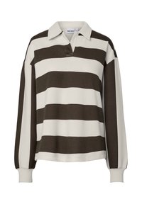 Pikad varrukad rugby-särk laia horisontaalse musta ja valge triibuga ning valge kraega, millel on soonilised mansetid ja ees V-kujuline kaelus.