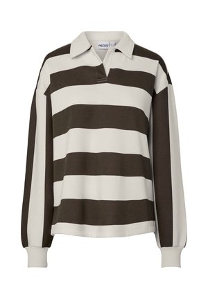 Rugbyshirt met lange mouwen met brede horizontale zwarte en witte strepen en een witte kraag, voorzien van geribbelde manchetten en een V-hals aan de voorkant.