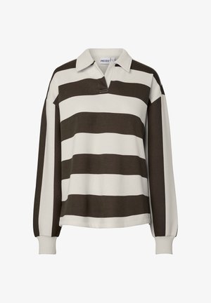 Rugbyshirt met lange mouwen met brede horizontale zwarte en witte strepen en een witte kraag, voorzien van geribbelde manchetten en een V-hals aan de voorkant.