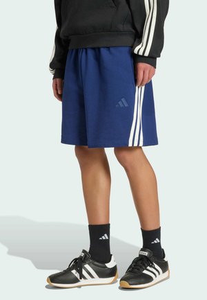 Osoba nosząca niebieskie spodenki Adidas z białymi paskami, czarne skarpetki Adidas, czarno-białe buty sportowe Adidas oraz czarną bluzę z białymi paskami.