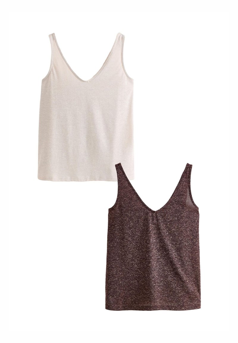 Két ujjatlan V-nyakú felső, egy világos bézs és egy sötét bordó, enyhén melírozott textúrával, laza szabással és puha anyagból.