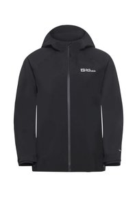 Giacca nera impermeabile con cappuccio, zip frontale completa e logo sul lato sinistro. Presenta maniche lunghe e polsini regolabili.