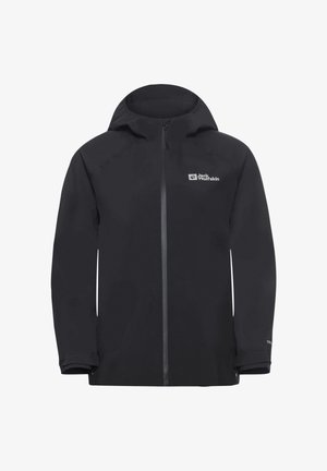 Zwarte waterdichte jas met een capuchon, volledige rits aan de voorkant en een logo aan de bovenste linkerkant. Beschikt over lange mouwen en verstelbare manchetten.