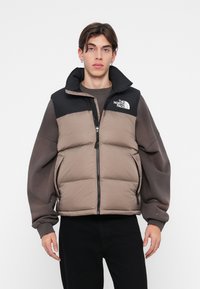 Brūna un melna pufferveste ar rāvējslēdzēju. Iezīmes augsts apkaklis, The North Face logo un pārāk lieli piedurknes siltumizolācijai.