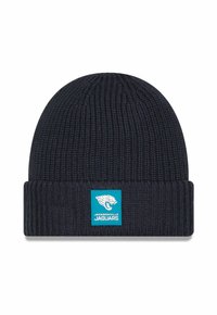 Schwarze Strickmütze mit Umschlag und Jacksonville Jaguars Logo-Patch in Aqua und Weiß auf der Vorderseite.
