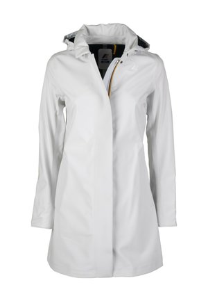 Cappotto bianco impermeabile con cappuccio, dotato di una cerniera frontale a tutta lunghezza, texture liscia e fodera interna a contrasto. Design semplice con maniche lunghe.