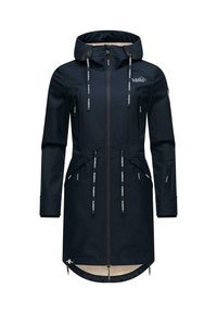 Black waterproof jacket with a drawstring hood, multiple zippered pockets, and a mid-length design. Features logo accents and adjustable cuffs.