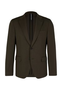 Dunkelgrüner Blazer mit schlanker Passform, ausgestattet mit einem Reverskragen, einer Zwei-Knopf-Front und zwei Vorderaschen. Glatte Stoffqualität und dezente Steppdetails.