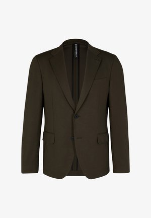 Donkergroene blazer met een slim fit, voorzien van een gelapte revers, een twee-knopen sluiting en twee voorzakken. Gladde stof en subtiele stikseldetails.