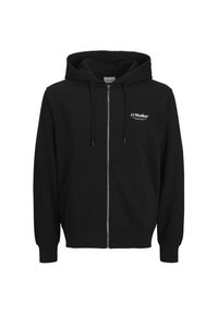 Schwarze Zip-Hoodie aus weichem Stoff, mit einer Fronttasche, verstellbaren Kordeln und einem kleinen weißen Logo auf der linken Brust.
