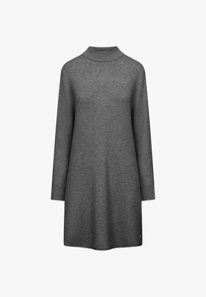 Grau gestricktes Kleid mit langen Ärmeln und hohem Kragen. Glatte Textur, A-Linien-Design und ein kleines Akzentlogo am unteren Ende.
