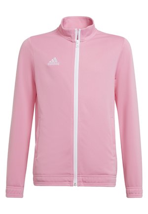 Veste de sport rose clair en tissu lisse et respirant ; dotée d'un col haut, d'une fermeture éclair blanche et du logo Adidas sur la poitrine.
