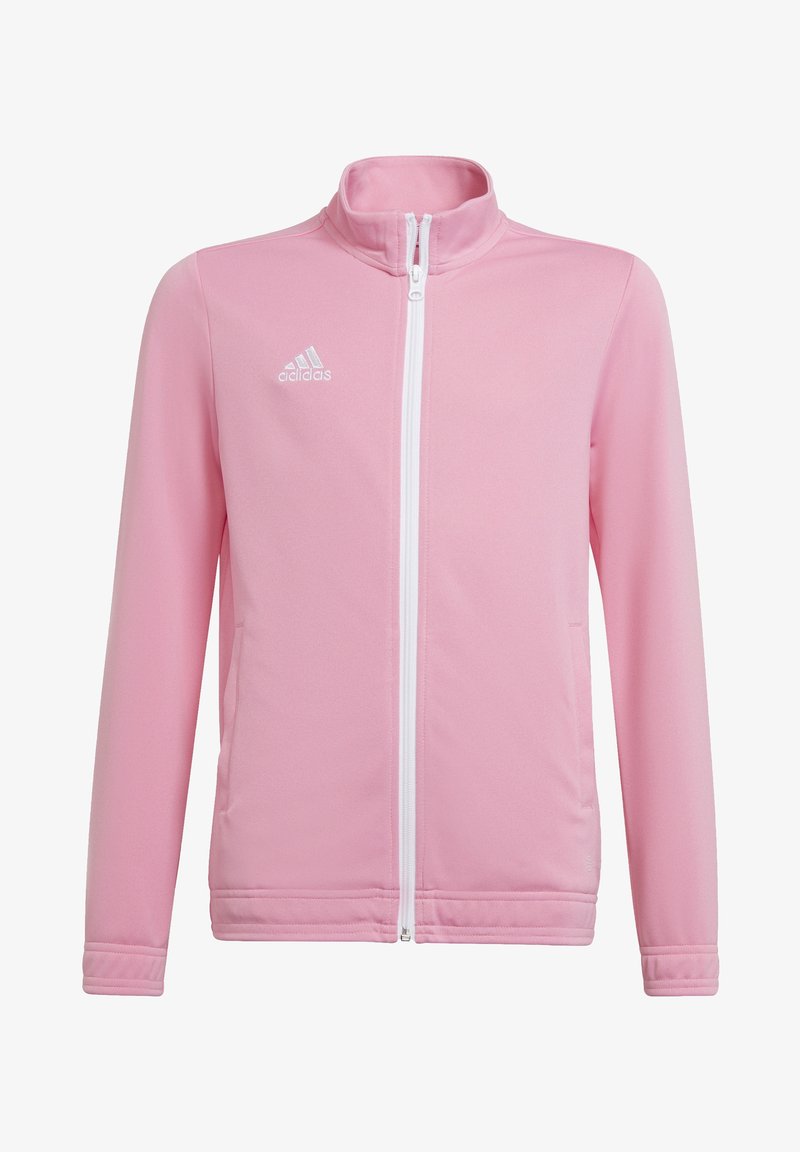 Hellrosa Sportjacke aus glattem, atmungsaktivem Stoff; verfügt über einen hohen Kragen, weißen Reißverschluss und das Adidas-Logo auf der Brust.