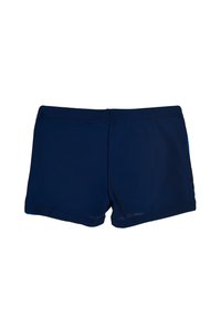 Navy blue swim shorts made from smooth, stretchy fabric. Features a simple design with an elastic waistband and no visible patterns or accents.