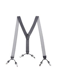 Bretelle nere e grigie con un design in rete, caratterizzate da cinghie decorate, clip in plastica e un connettore centrale in pelle.