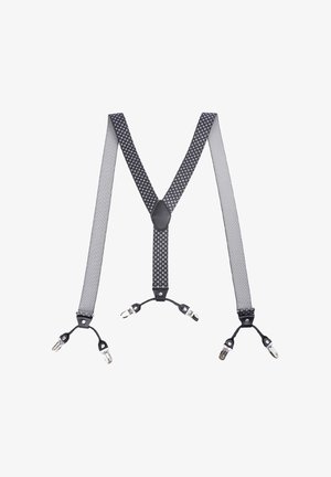 Bretelle nere e grigie con un design in rete, caratterizzate da cinghie decorate, clip in plastica e un connettore centrale in pelle.
