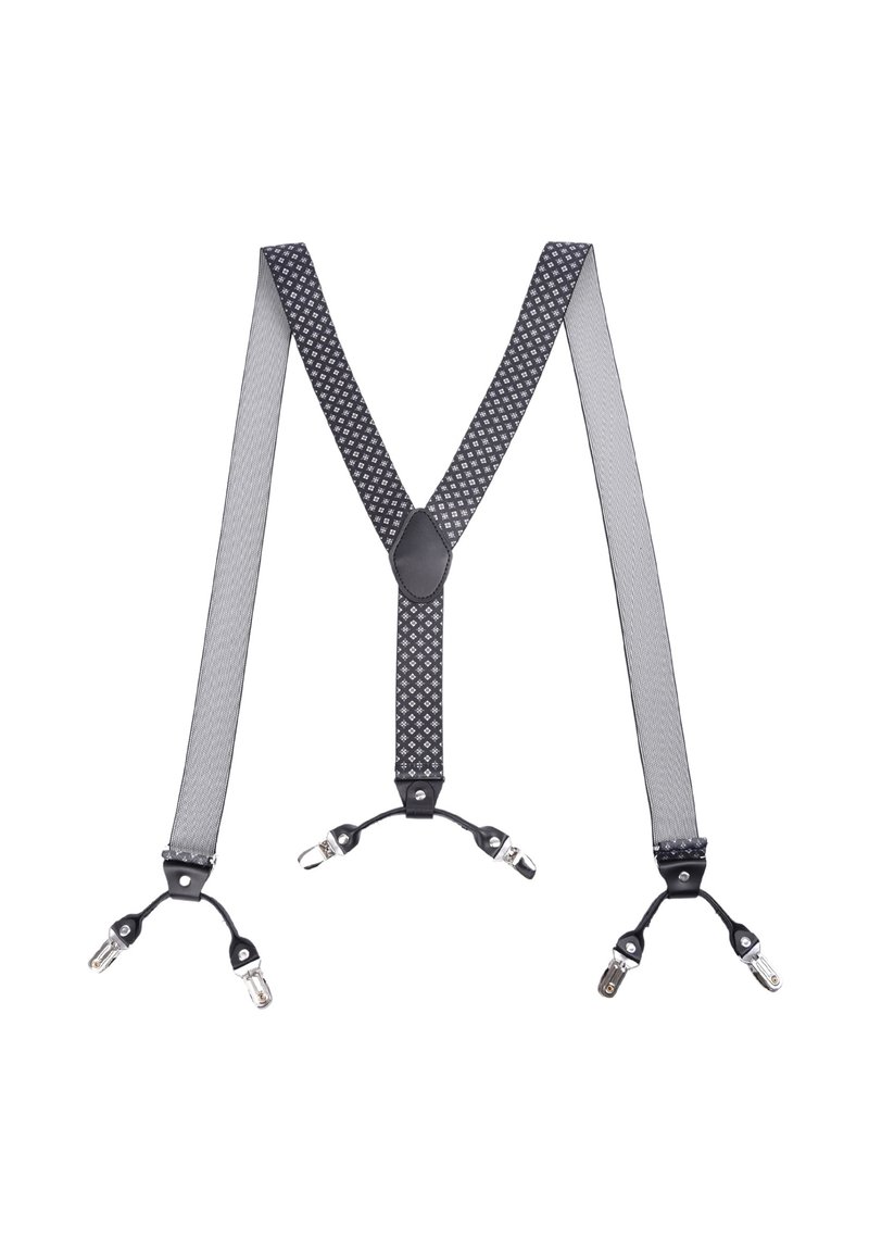 Bretelle nere e grigie con un design in rete, caratterizzate da cinghie decorate, clip in plastica e un connettore centrale in pelle.