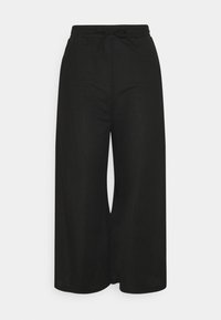 Pantalon noir à jambe large en tissu doux, avec une taille élastique et un cordon de serrage, au toucher lisse. Pas de motifs ni d'accents visibles.