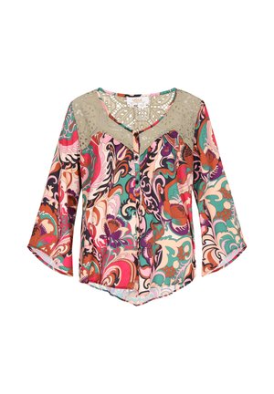 Kolorowa bluzka w kwiatowy wzór z rękawami do łokcia, zapinana na guziki z beżową koronkową wstawką na dekolcie i ramionach.