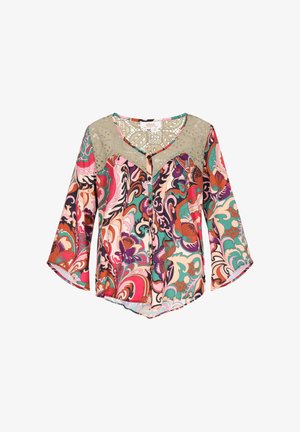 Kolorowa bluzka w kwiatowy wzór z rękawami do łokcia, zapinana na guziki z beżową koronkową wstawką na dekolcie i ramionach.