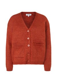 rostfarbener gestrickter Cardigan mit V-Ausschnitt, vier Knöpfen und zwei aufgesetzten Fronttaschen. Aus einem weichen, strukturierten Stoff gefertigt.